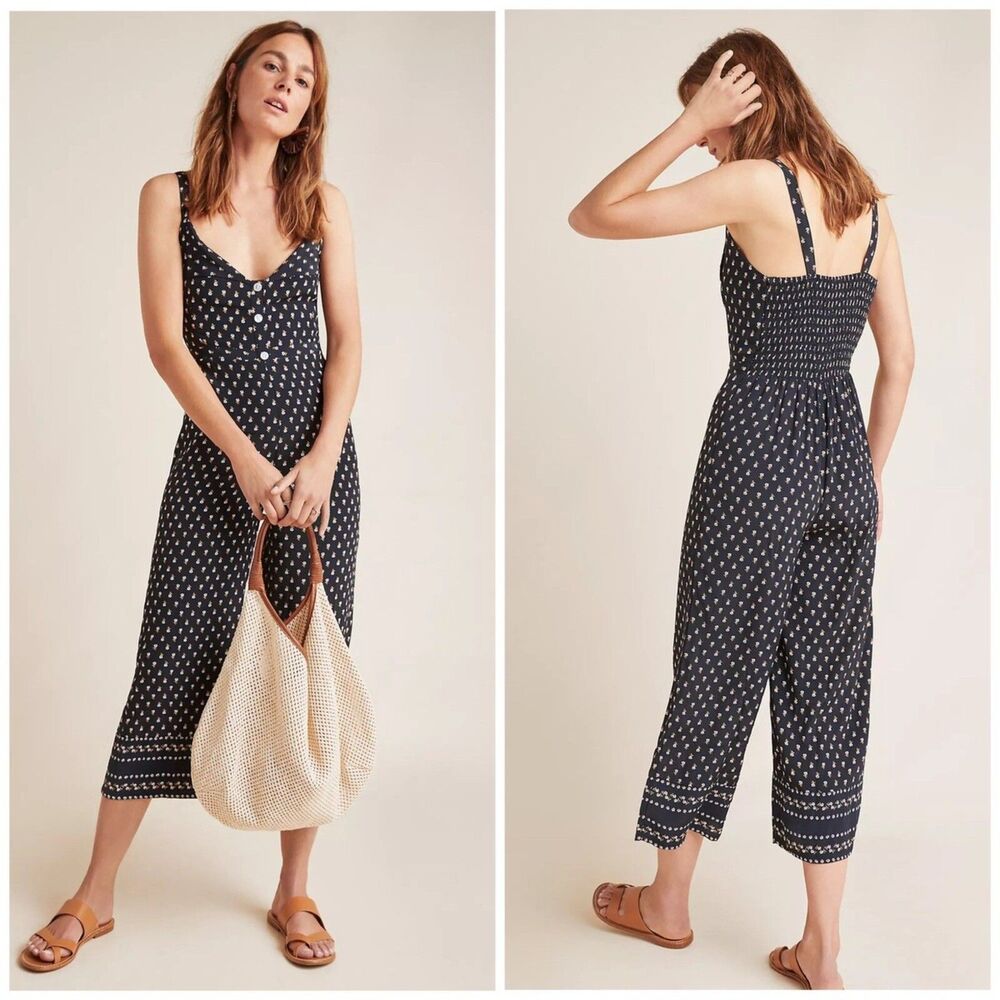Faithfull The Brand Anthropologie Jumpsuit Women Medium Navy Blue Floral Strappy